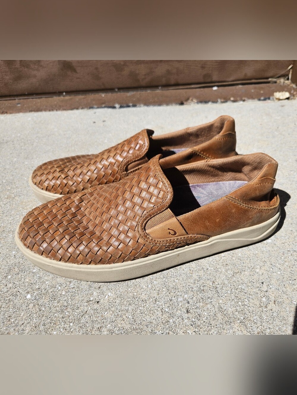 OluKai Lae'ahi Lauhala Shoes Mens 8M Brown Leather Woven Slip On Comfort Casual